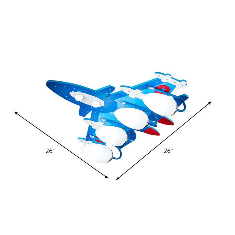 Blue Aircraft Flush Mounted Lamp Cartoon 4 Lights Wooden Ceiling Fixture with Oval Cream Glass Shade