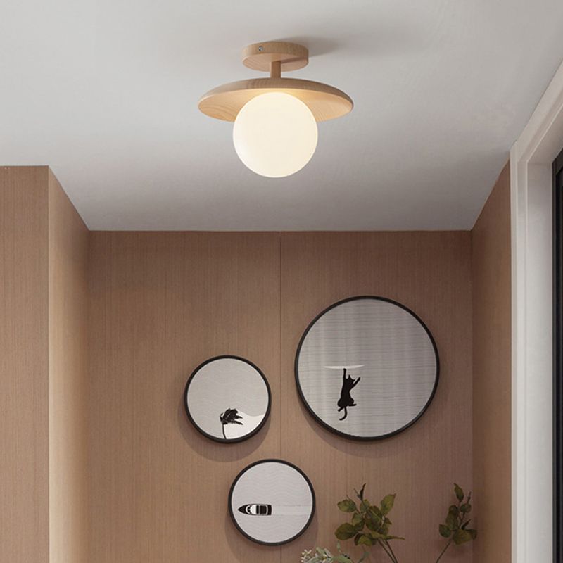 Modern Style Spherical Shape Ceiling Light Wood 1 Light Ceiling Light for Restaurant