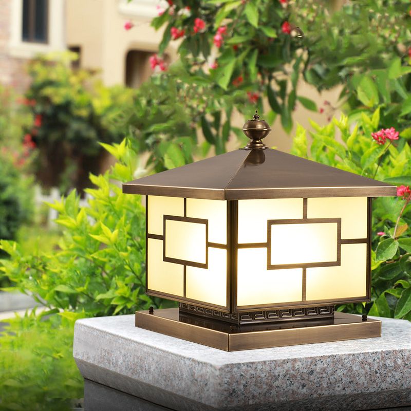 Square Shape Metal Pillar Lamp Modern Style Waterproof Outdoor Light in Bronze