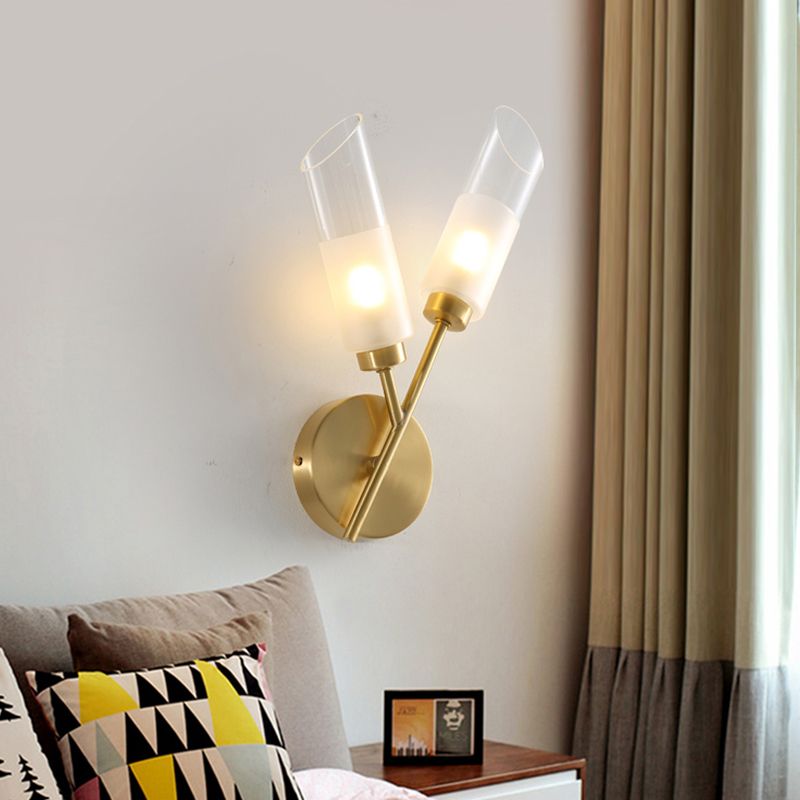 Beveled Tube Wall Light Sconce Post Modern Clear Glass 2-Light Brass Wall Lamp Fixture
