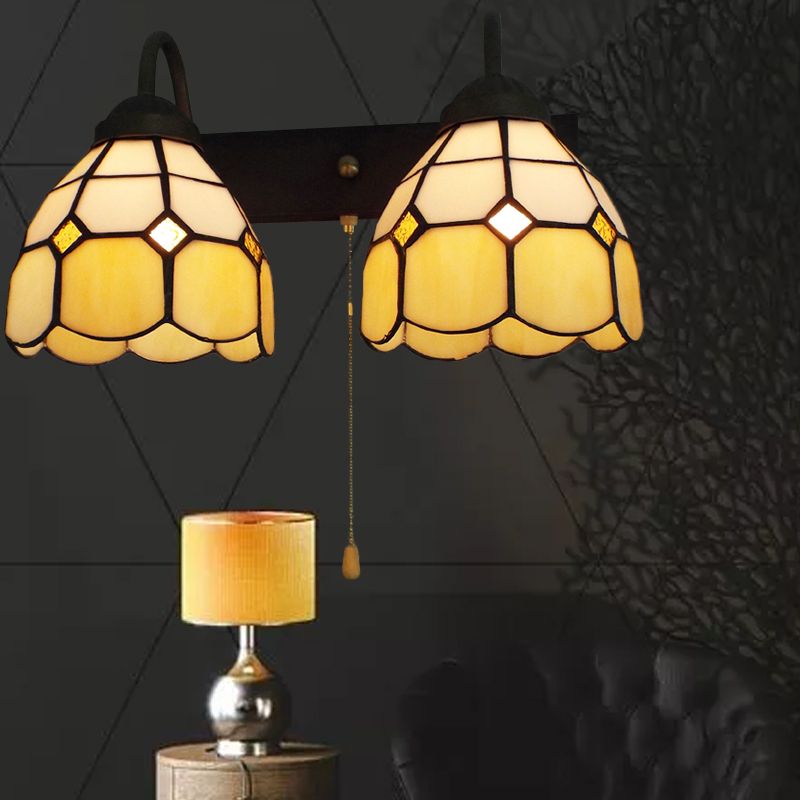 Dome Beige Glass Wall Light Fixture Tiffany 2 Heads Black Sconce Lighting with Pull Chain Switch
