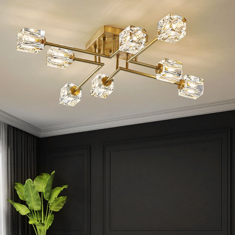 Square Crystal Shade LED Semi Flush Mount in Modern Luxury Style Ceiling Light with Copper Strip