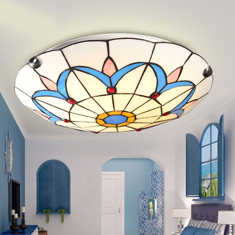 Bowl LED Flush Mount Tiffany Glass Mediterranean Flushmount Ceiling Light for Restaurant