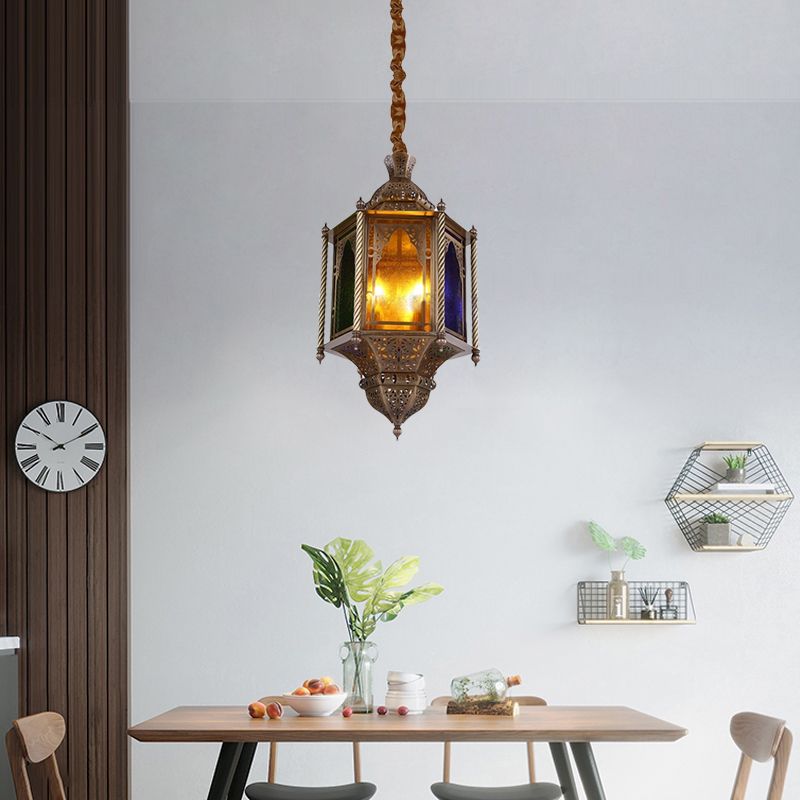 Stained Glass Brass Chandelier Lamp Lantern 3-Head Ceiling Pendant Light for Restaurant