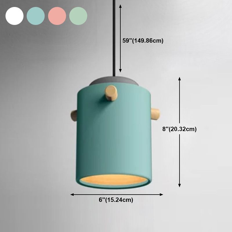 Cylindrical Metal Pendant Lamp Macaron 1 Head Solid Wood Ceiling Hanging Light
