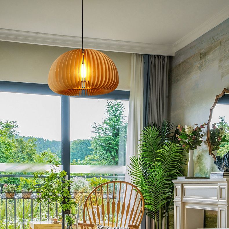 1 Light Pumpkin Shape Wooden Pendant Light Nordic Style Living Room Hanging Lamp Fixture