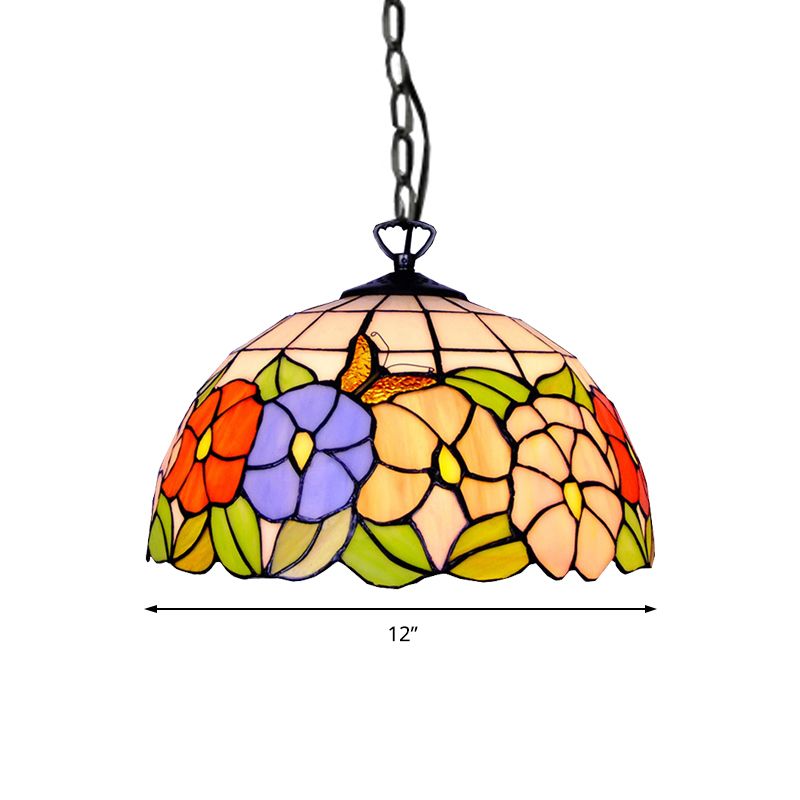Hemisphere Down Lighting Tiffany-Style 1 Head Black Stained Art Glass Ceiling Hanging Light, 12"/16" Wide