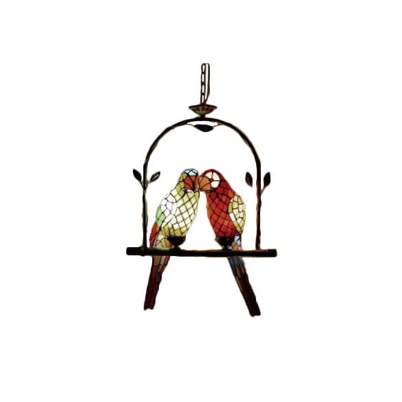 Parrot Stainless Glass Pendant Lamp Tiffany Stylish 2 Lights Red/Red and Yellow Hanging Ceiling Light with Perch Swing