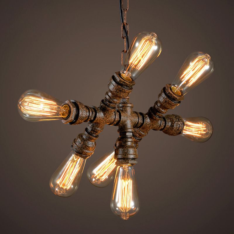 Warehouse Water Pipe Hanging Lamp 7 Lights Iron Chandelier Lighting in Rust for Bistro
