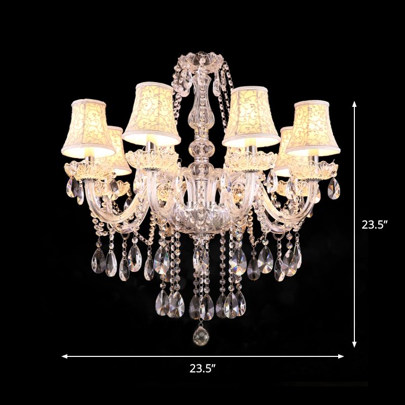 Chandelier à morsure floral blanc Travalage traditionnel 8 têtes Pendre salle à manger avec des gouttelettes en cristal transparent