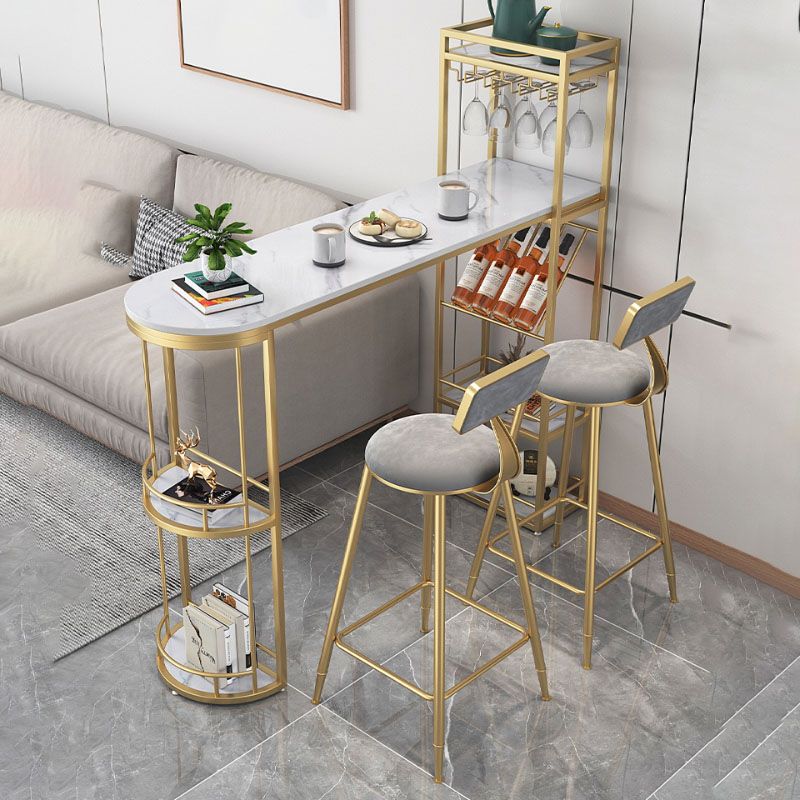 White Stone Bar Table with Storage Modern Specialty Pub Table for Dining Room