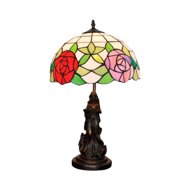 Lampada da comodino Beauty in bronzo Tiffany Lampada da tavolo in resina a 1 lampadina con paralume in vetro floreale rosa/viola