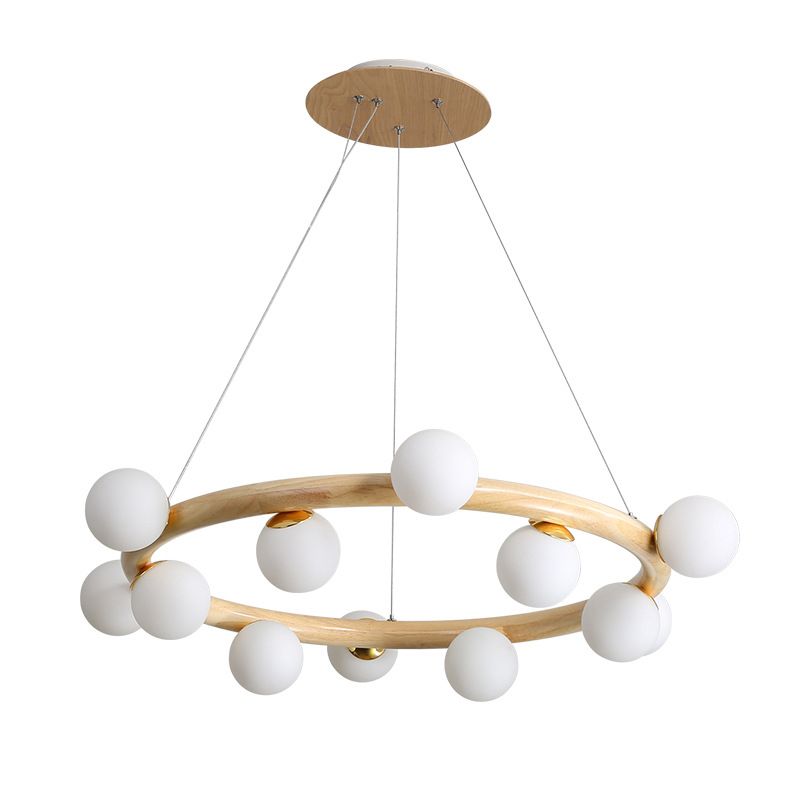 Modern Minimalist Round Chandelier Light Fixture Natural Wood Living Room Ceiling Chandelier