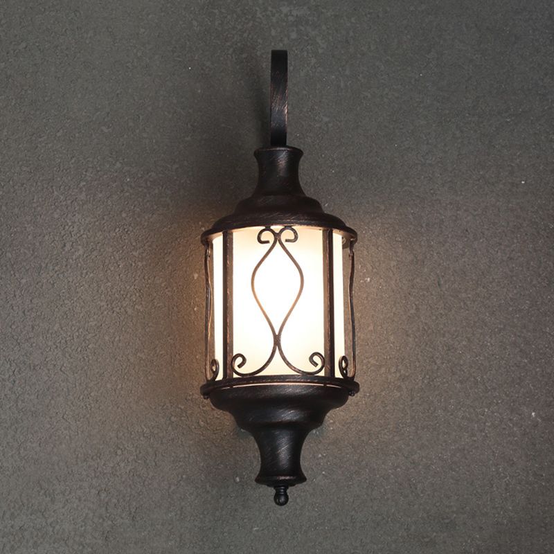 Opal Glass Lantern Wall Mounted Light Traditional 1-Light Patio Wall Lighting Ideas in Black/Rust