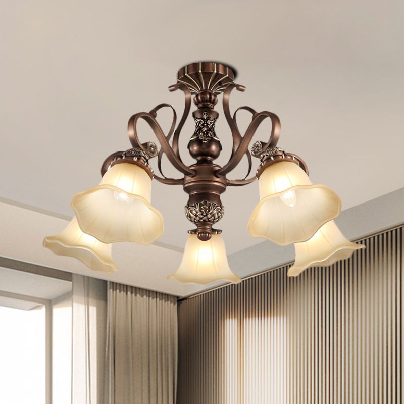 5/6/8 Lights Floral Shade Semi Flush Light Countryside Brown Opal Glass Close to Ceiling Lamp for Living Room