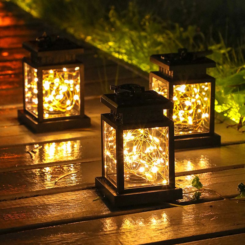 Black Lantern LED Pendant Light Art Decor Plastic Solar Hanging Lamp for Garden, 1 Pc
