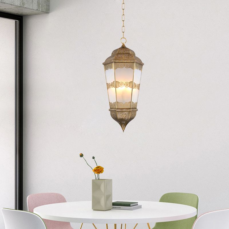 Metal Lantern Chandelier Southeast Asia 3 Bulbs Restaurant Pendant in Brass with Frosted Glass Shade