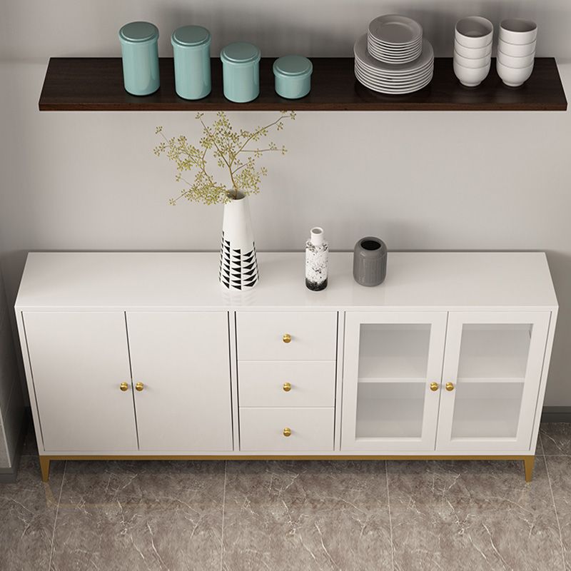 White Engineered Wood Sideboard Drawer Dining Server with Metal Legs