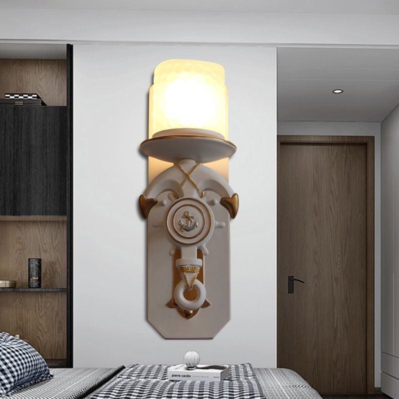 1 Head Indoor Wall Sconce Lamp Nautical Style Blue/White Wall Lighting with Cylinder Opal Glass Shade and Anchor Design