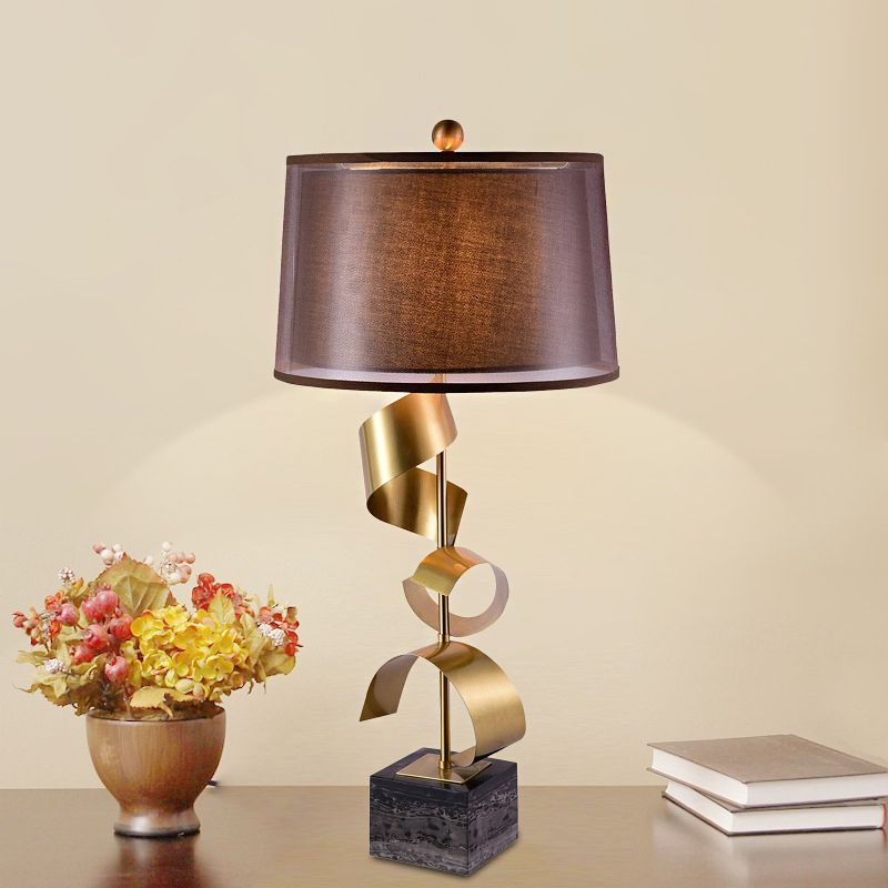 1 Bulb Night Lighting Traditional Bedroom Table Lamp in Red Brown with Drum Fabric Shade