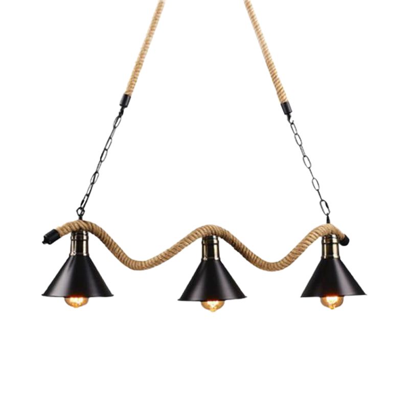 Farmhouse Style Conic Island Lamp 3/5 Bulbs Metal and Rope Pendant Light with Wavy Design in Black