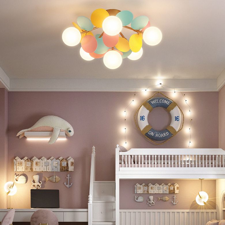 Flower Branch Metal Semi Flush Ceiling Light in Modern Simplicity Sputnik Indoor Flush Mount with Circular Opal Glass Shade
