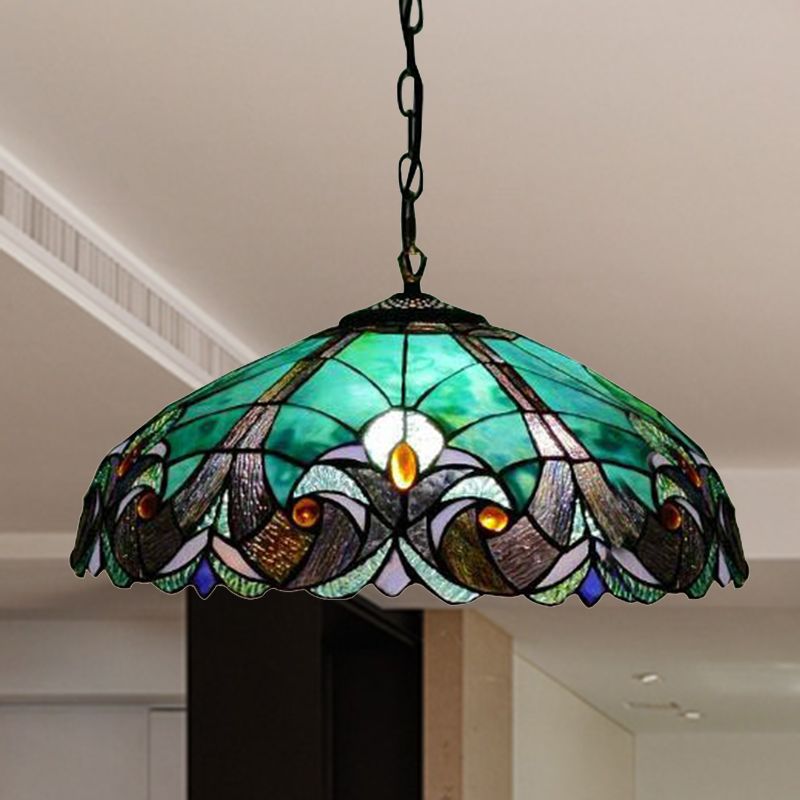 Tiffany Flared Ceiling Lamp 4 Heads Yellow/Blue Stained Art Glass Hanging Light Kit for Bedroom
