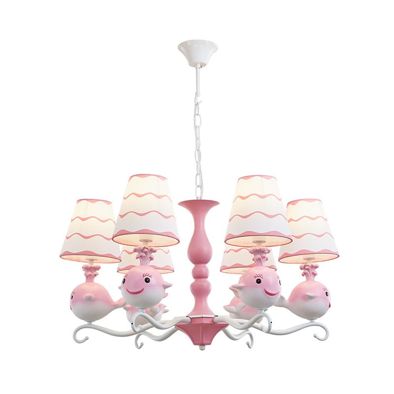 Carton de lustre en forme de baleine bleu / rose 6 têtes Resin Résine Pendre radial Pilation de lampe à cône d'ombre en tissu de cône
