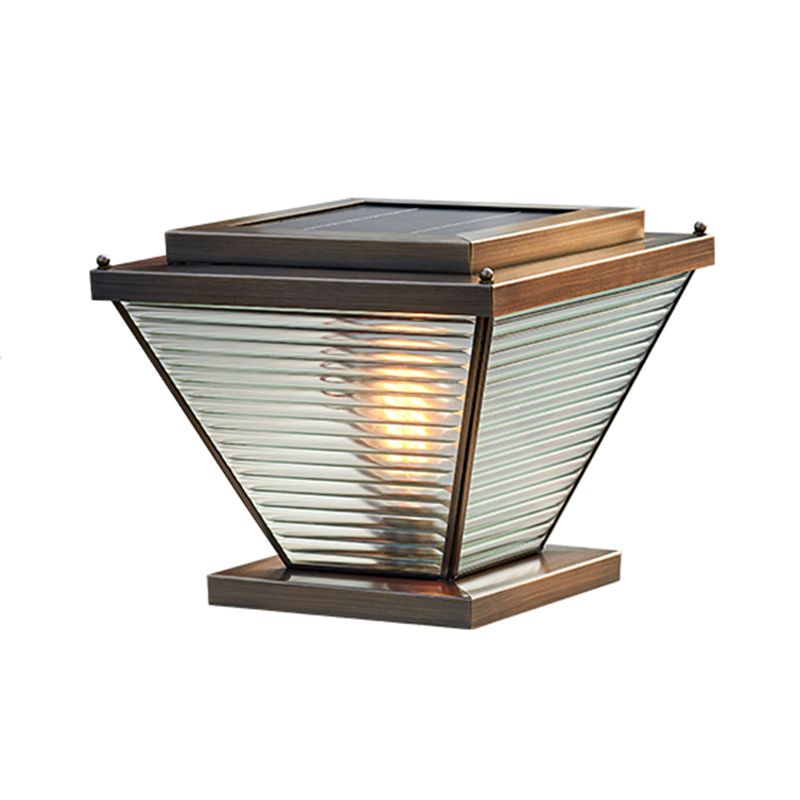 1-Light Solar Energy Pillar Lamp Brass Outdoor Light with Glass Shade for Garden