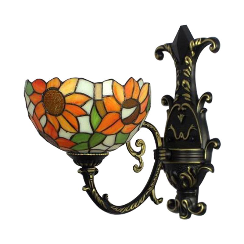 Rustic Tiffany Orange Wall Light Sunflower Single Bulb Stained Glass Sconce Lamp for Bedroom