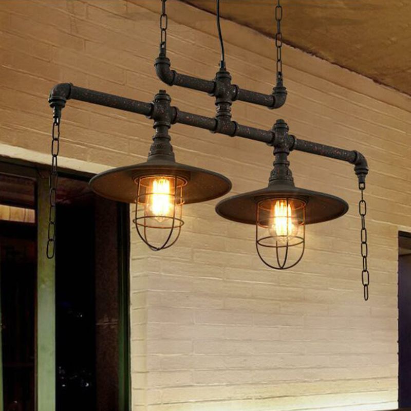 Iron Saucer over Island Lighting Rustic Dining Room Pendant Lamp with Cage Guard in Black