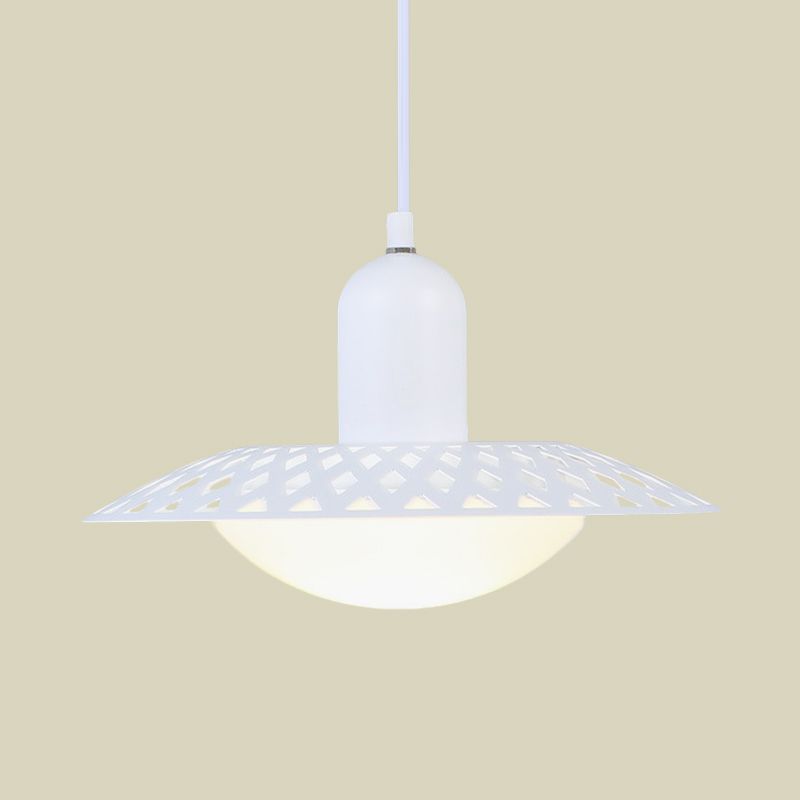 White Finish Hollowed Dosa Pendant Modern 1 Head Metal Ceiling Lamp with Dome Acrylic Shade, 12"/16" W