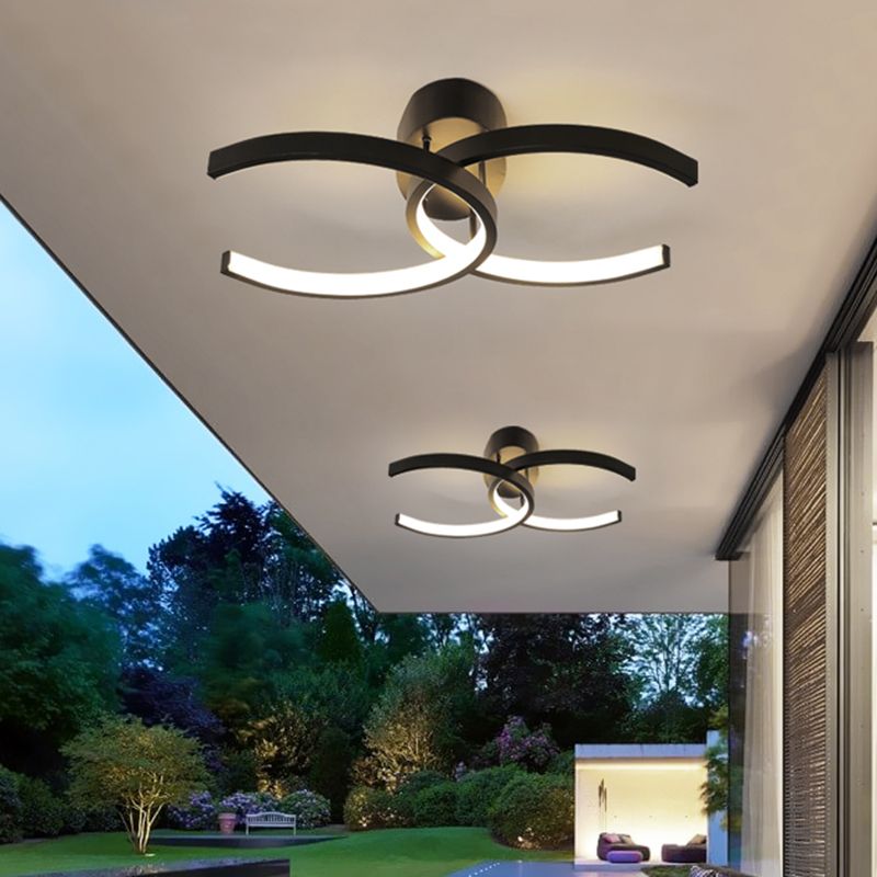 Dual C-Shaped Office Ceiling Fixture Metal Minimalist LED Semi Flush Mount Lighting in Black