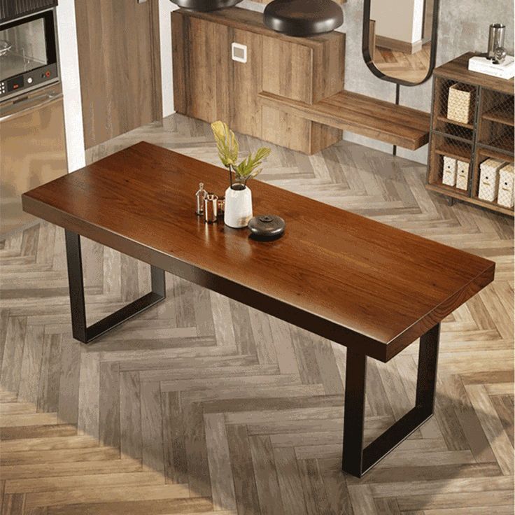 Wood Top Dining Table Industrial Rectangle Table with Sled Base in Black