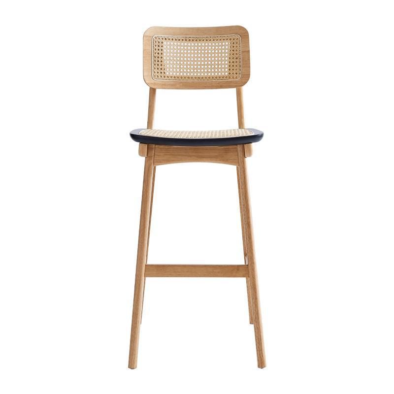 Taburete de bar cuadrado moderno de ratán, reposapiés interior, mostrador trasero bajo con patas de madera