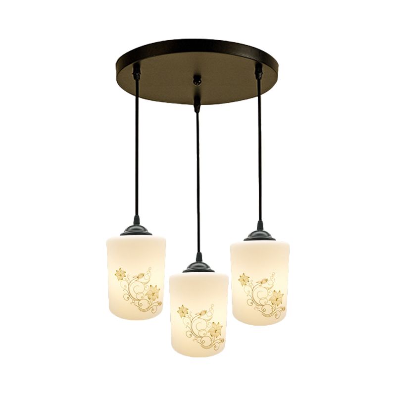 Cylinder Dining Room Multi Ceiling Light Modern White Printed Glass 3-Head Black Hanging Pendant with Linear/Round Canopy