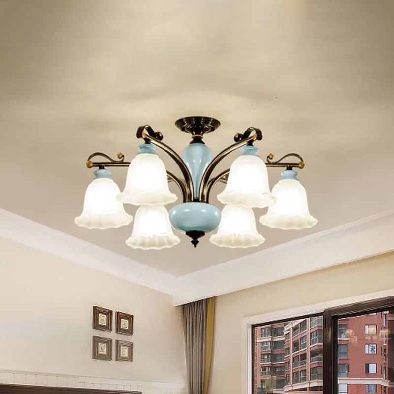 Flower White Glass Semi-Flush Ceiling Light Traditional 6/8 Heads Bedroom Flush Mounted Lamp