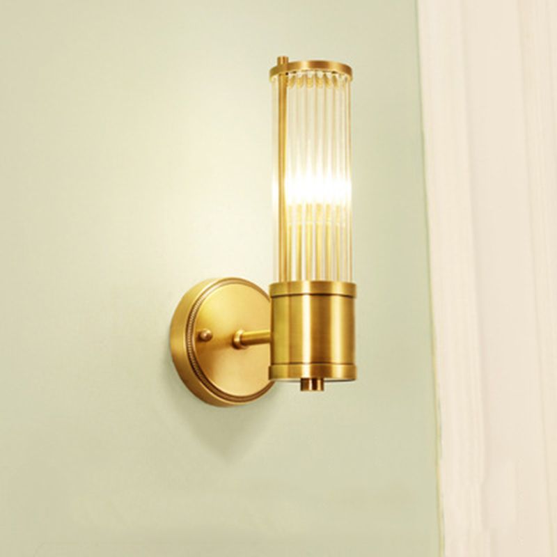 Gold Cylindrical Wall Sconce in Modern Luxury Style Copper Indoor Wall Light with Crystal Shade
