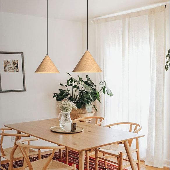Modern Cone Pendant Lighting Fixture 1-Light Restaurant Hanging Pendant Light with Wood Shade