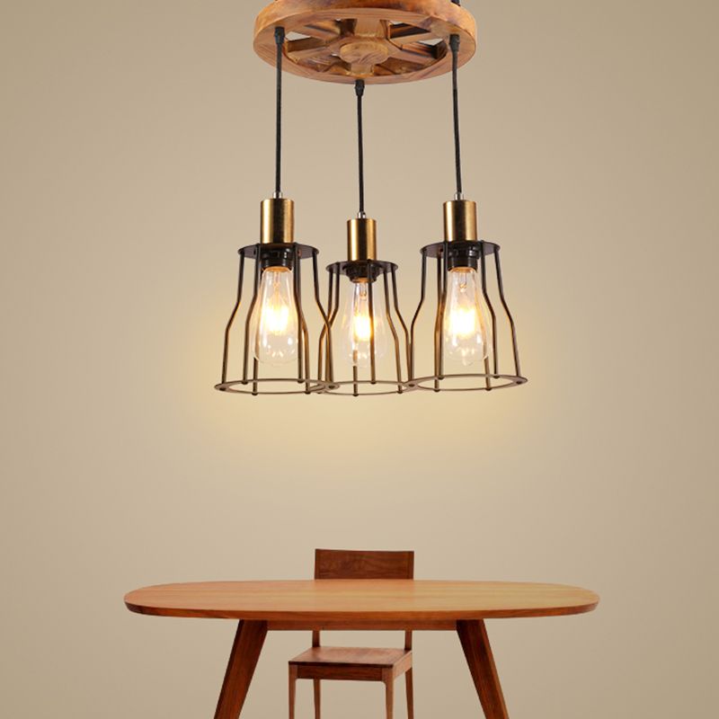 3/6-Light Metal Hanging Chandelier Factory Gold Open Cage Dining Room Pendant Light Fixture with Wood Wheel Shelf Deco