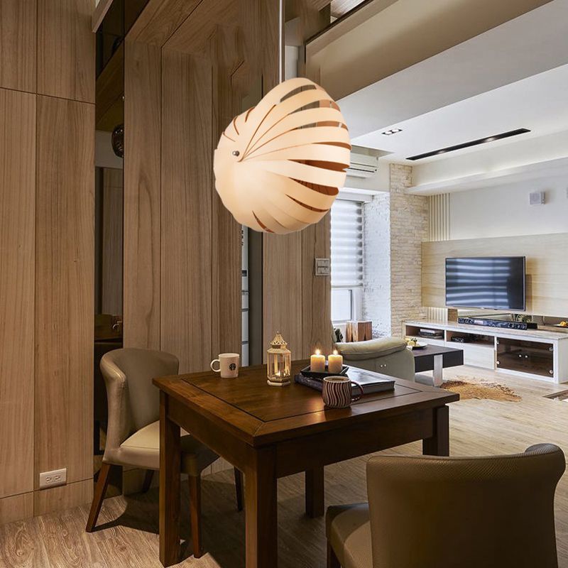 Round Hanging Light Asian Wood 15"/18" Wide 1 Head Beige Suspended Lighting Fixture