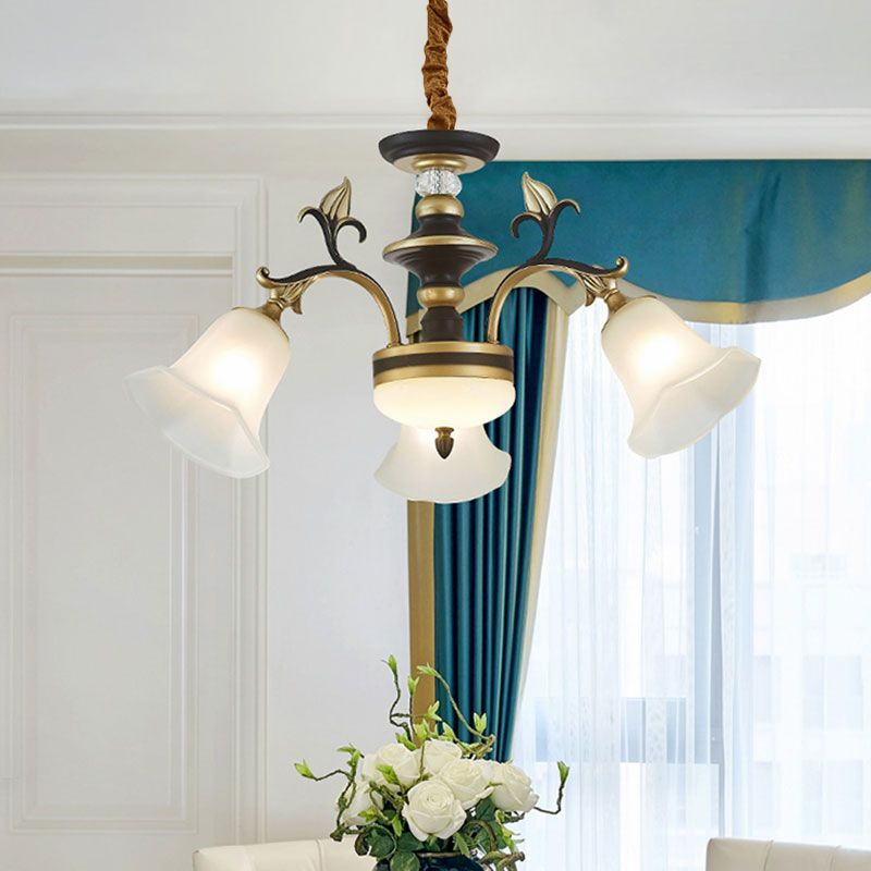 Black-Gold Flower-Like Suspension Lighting Traditional Milky Glass 3/6/8 Heads Dining Room Down Hanging Chandelier