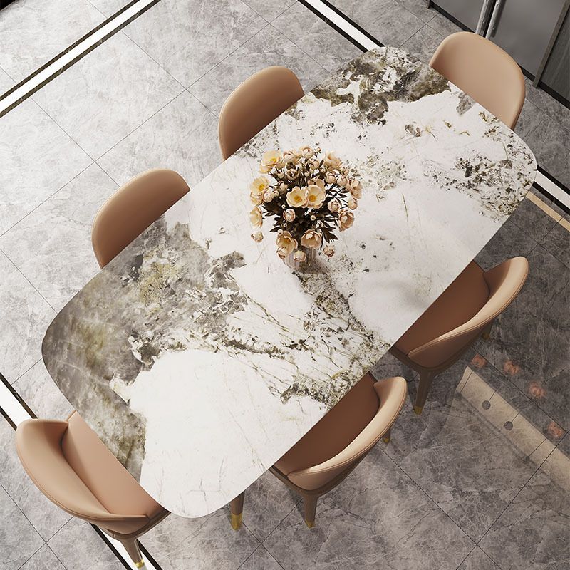 Gray Stone Top Dining Table Mid-Century Modern Dining Table with 4 Wood Legs
