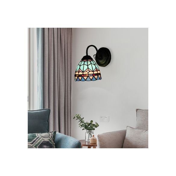 Stained Glass Domed Wall Light 1 Light Mediterranean Style Wall Lamp in Blue for Stair