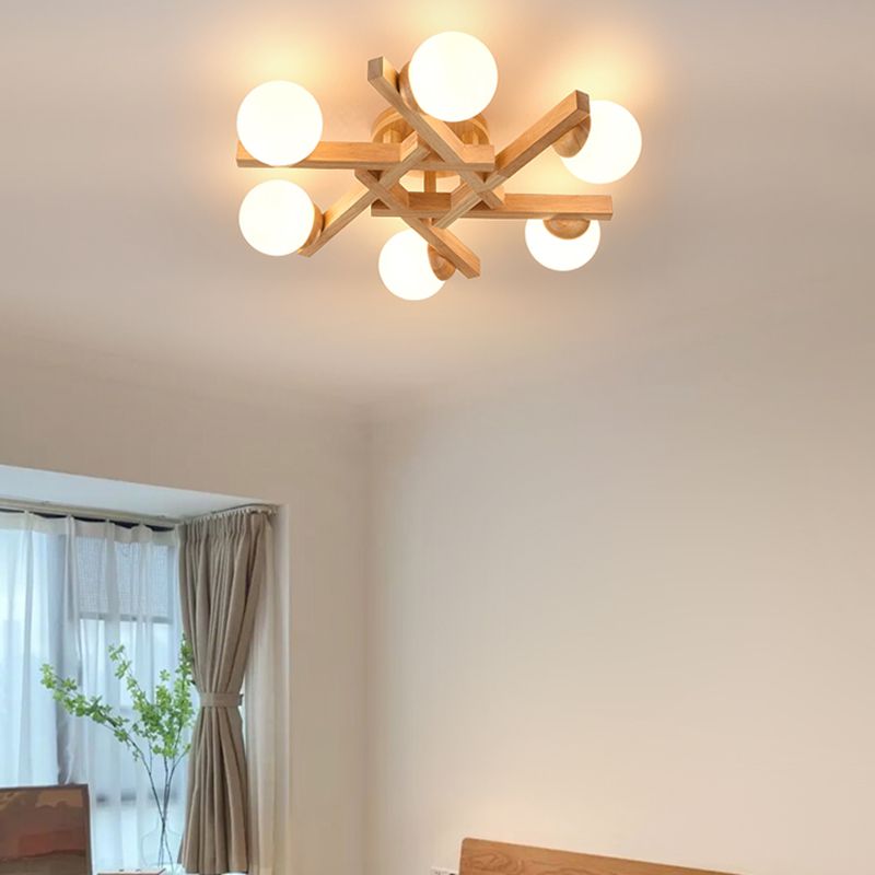 Nordic Flush Mount Globe Ceiling Light Fixture with Wood and Glass for Bedroom
