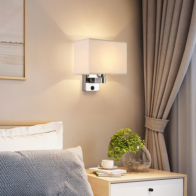 Modern Metal Wall Sconce Geometric Shape Wall Light with Fabric Shade for Study