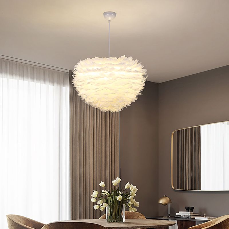 Romantic Heart Shaped Hanging Light, Feather Shade Single-Bulb Pendant Lighting in White for Bedroom