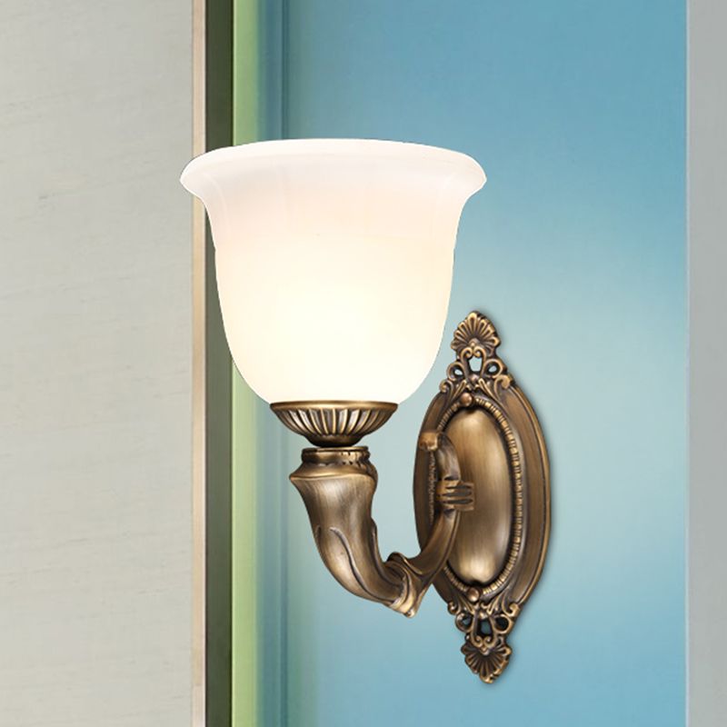 Retro Bell Wall Mounted Lamp 1-Bulb Ivory Glass Sconce Light Fixture in Bronze for Aisle