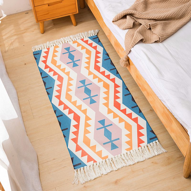 Bohemian Ameicana Pattern Rug Creative Fringe Detail Area Rug Cotton Blend Carpet for Bedroom