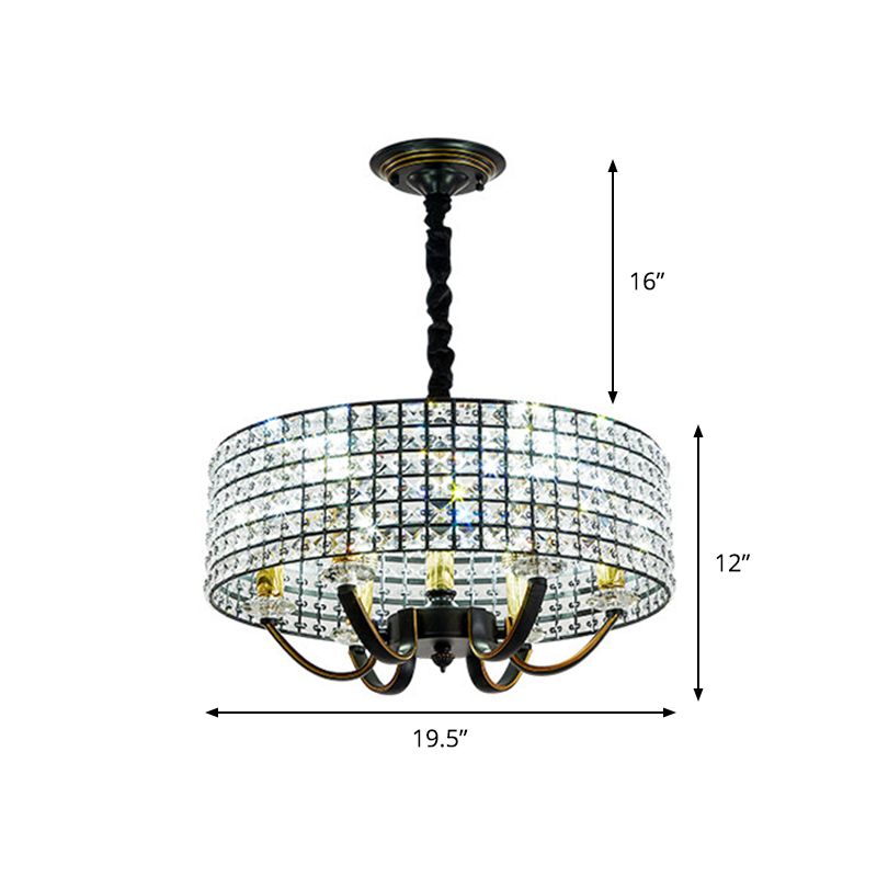 Drum Chandelier Pendant Light Minimalist Crystal-Encrusted 6-Light Dining Room Hanging Lamp in Black